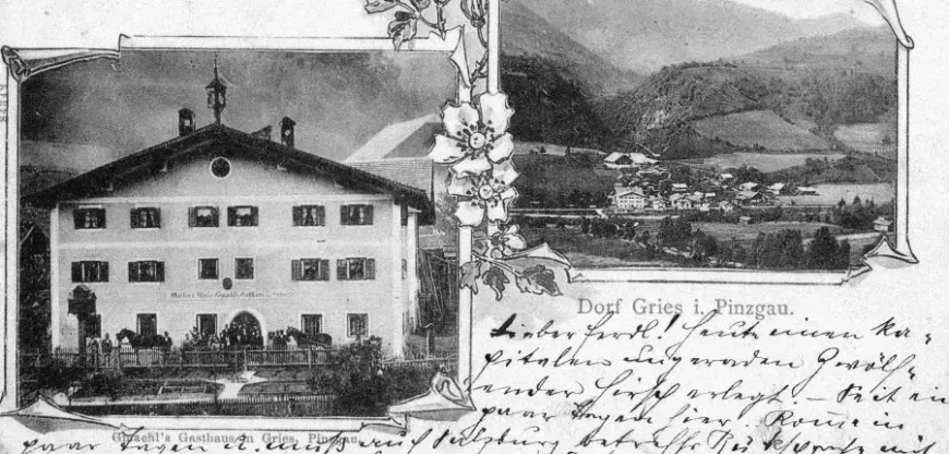 Historische Ansichtskarte von Gries im Pinzgau mit Gasthaus und Berglandschaft.